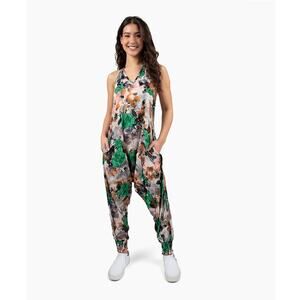 Buddha Pants Womens Cotton Lightweight V-Neck Flower Kira Jumpsuit Jumper Green